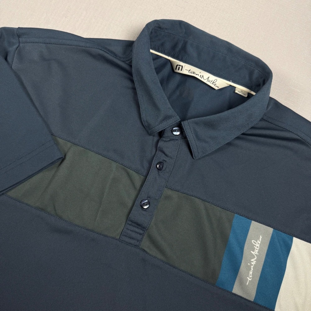 TravisMathew Mens XL Navy Blue Colorblock Stripe Golf Polo Shirt Short Sleeve